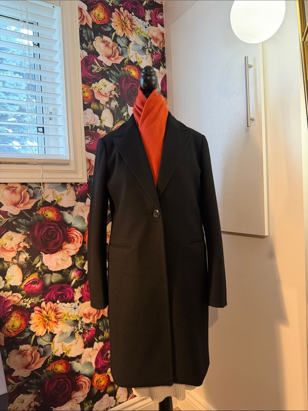 Joe Fresh Black Single-Button Trench Coat with Orange Scarf Accent